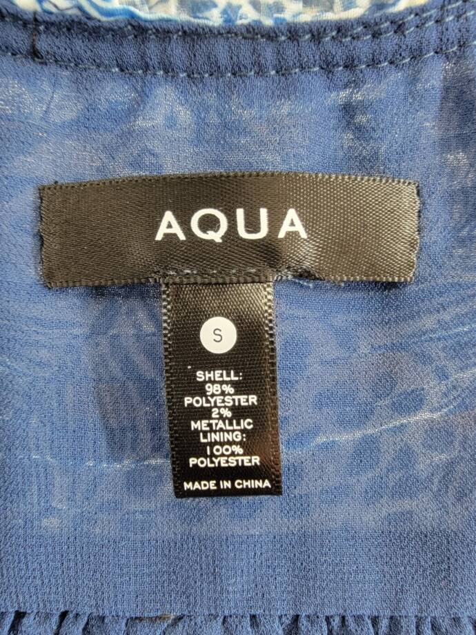 AQUA Leaf Print Blouse Women's S White/Navy Metallic V-Neck Long Sleeve Pullover