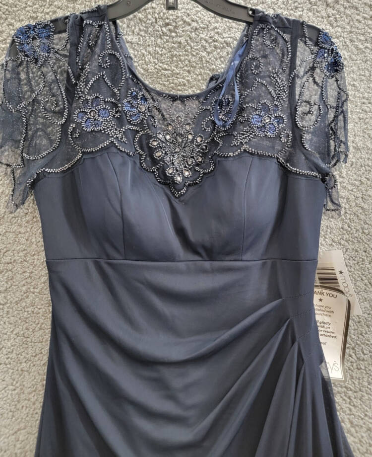XSCAPE Embellished-Neck Gown Women's 8 Navy Blue Short Sleeve Zip Closure