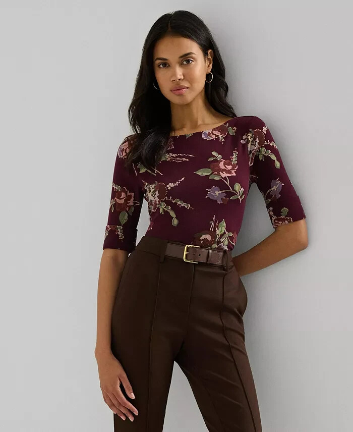Lauren Ralph Lauren Petite Floral Stretch Boatneck Top Womens PXS Burgundy Multi