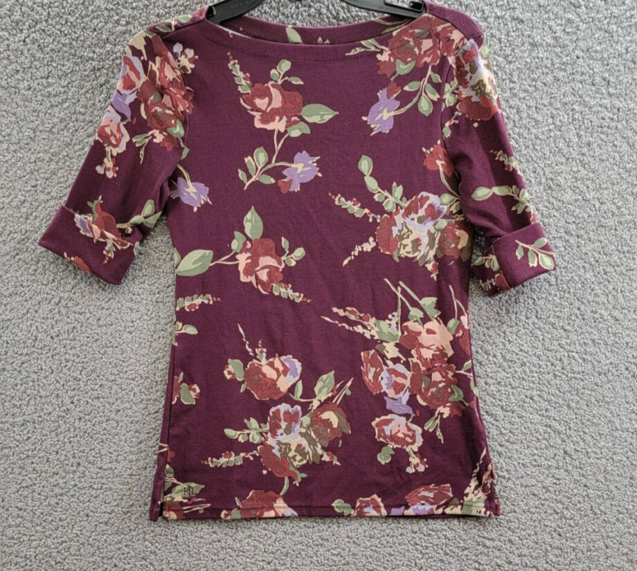 Lauren Ralph Lauren Petite Floral Stretch Boatneck Top Womens PXS Burgundy Multi
