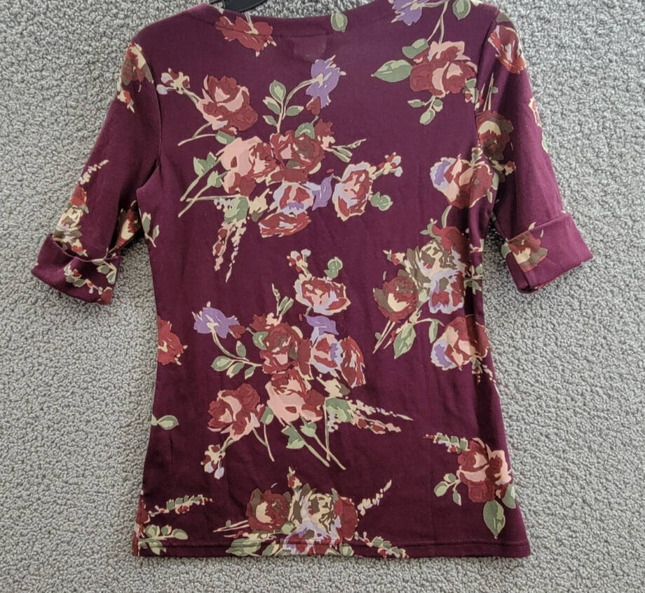 Lauren Ralph Lauren Petite Floral Stretch Boatneck Top Womens PXS Burgundy Multi