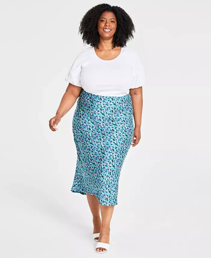 On 34th Trendy Plus Size Garden Floral Slip Skirt Women's 1X Tepid Teal Pull On
