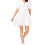 1.STATE V-Neck Tiered Bubble Puff Sleeve Mini Dress Women's XS White Back Zip