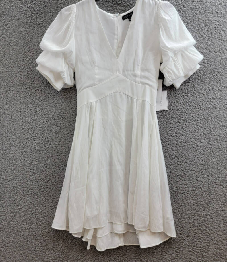 1.STATE V-Neck Tiered Bubble Puff Sleeve Mini Dress Women's XS White Back Zip