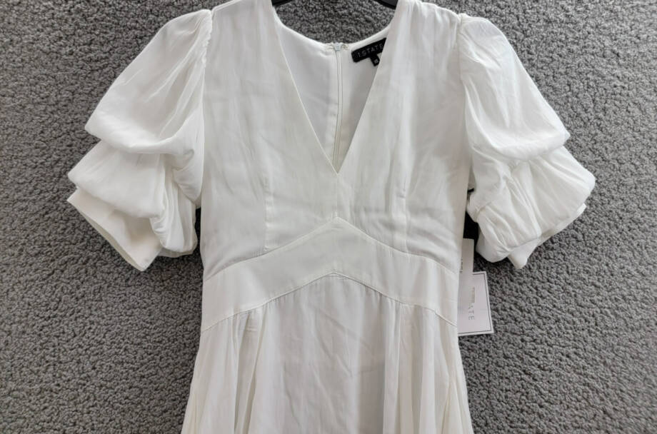 1.STATE V-Neck Tiered Bubble Puff Sleeve Mini Dress Women's XS White Back Zip