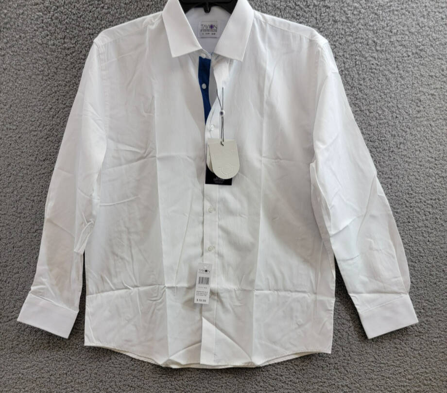 Tayion Collection Slim-Fit Blue Trim Solid Dress Shirt Men's 17-17.5 34-35 White
