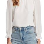 1.STATE Smocked-Neck Blouse Women's M Soft Ecru Long Sleeve Button Back Closure