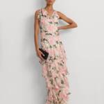 Lauren Ralph Lauren Tiered Ruffled A-Line Gown Women's 14 Cream/Pink Multi~