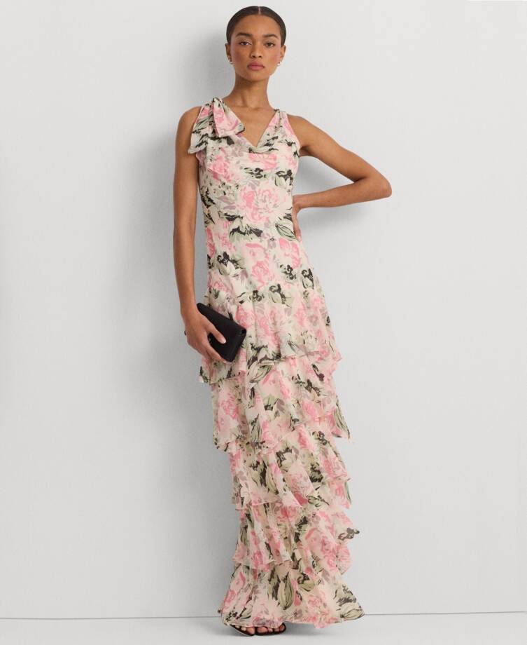 Lauren Ralph Lauren Tiered Ruffled A-Line Gown Women's 14 Cream/Pink Multi~