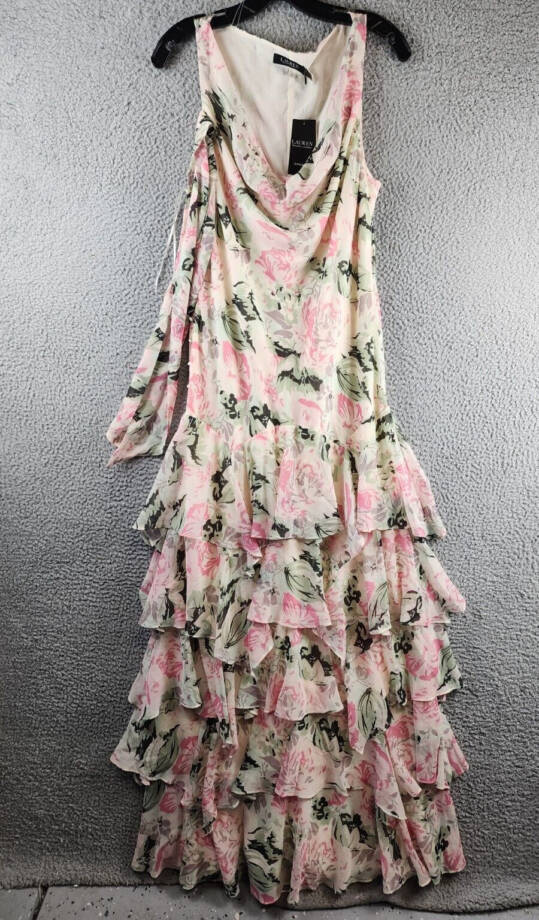 Lauren Ralph Lauren Tiered Ruffled A-Line Gown Women's 14 Cream/Pink Multi~
