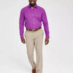 Tayion Collection Slim-Fit Solid Dress Shirt Men's M (15-15.5) 32/33 Purple/Gold