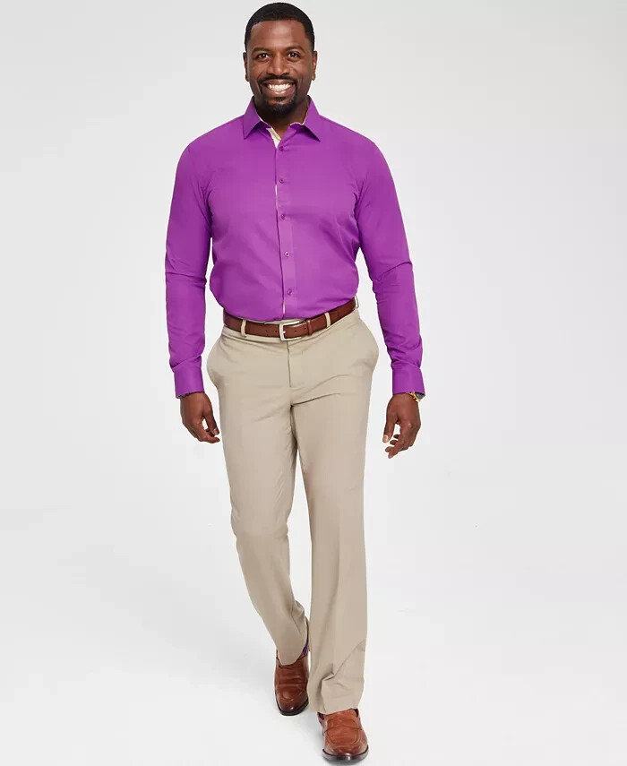 Tayion Collection Slim-Fit Solid Dress Shirt Men's M (15-15.5) 32/33 Purple/Gold