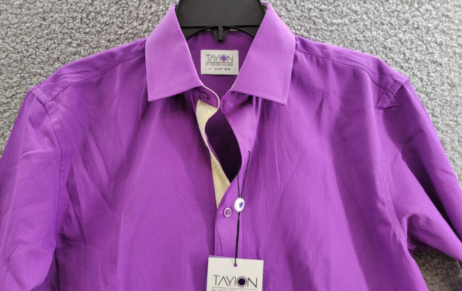 Tayion Collection Slim-Fit Solid Dress Shirt Men's M (15-15.5) 32/33 Purple/Gold