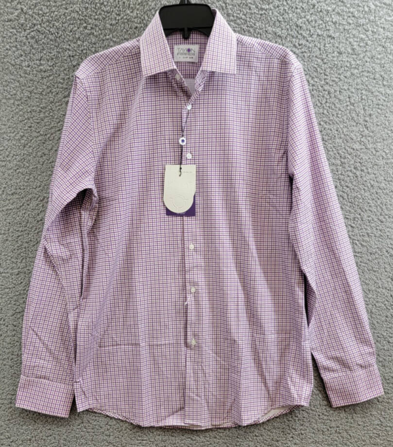 Tayion Collection Slim-Fit Plaid Dress Shirt Mens M (15-15.5) 34/35 Purple Multi