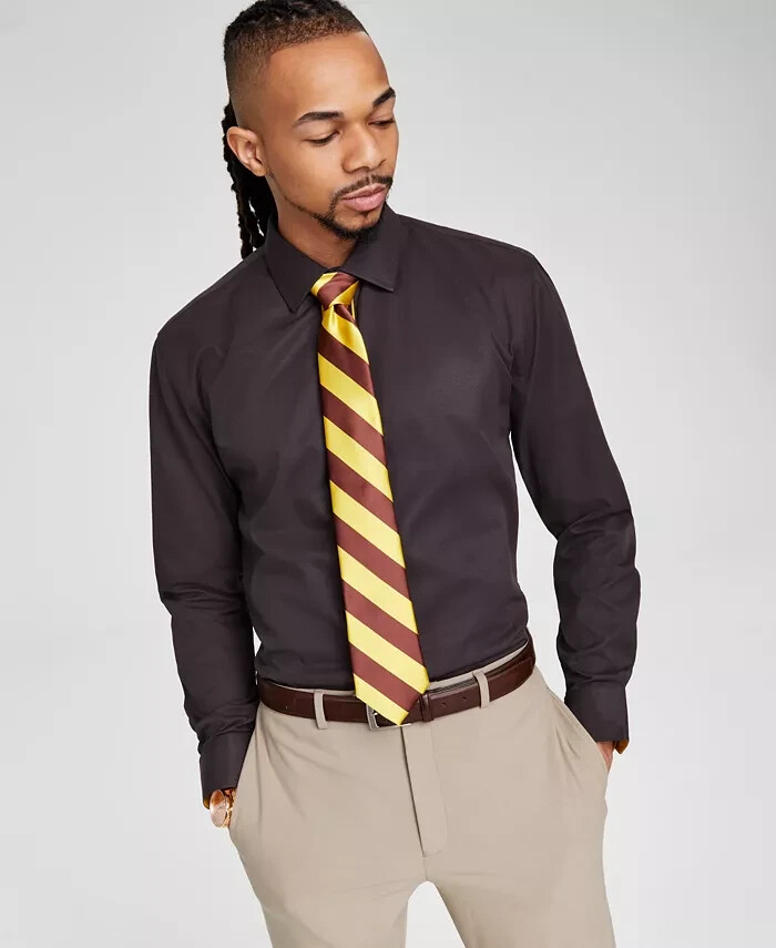 Tayion Collection Slim Fit Dress Shirt Men's M (15-15.5) 32/33 Black/Gold L/S