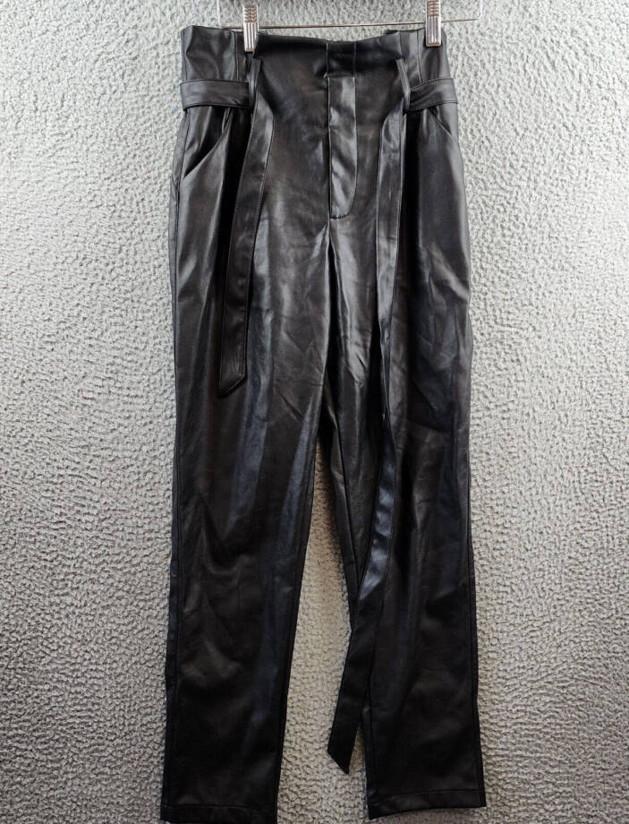 Lucy Paris Faux Leather Paperbag-Waist Pants Women's S Black Zip Fly Belt Loop