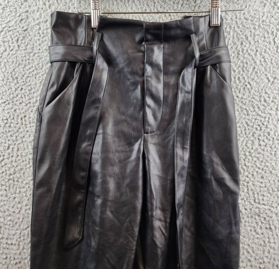 Lucy Paris Faux Leather Paperbag-Waist Pants Women's S Black Zip Fly Belt Loop