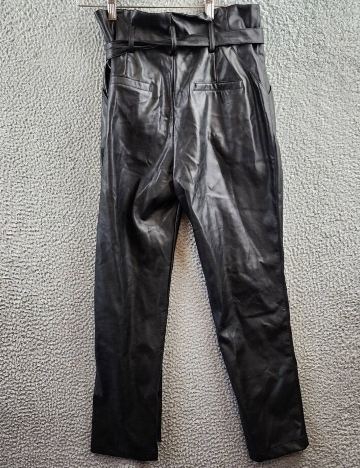 Lucy Paris Faux Leather Paperbag-Waist Pants Women's S Black Zip Fly Belt Loop
