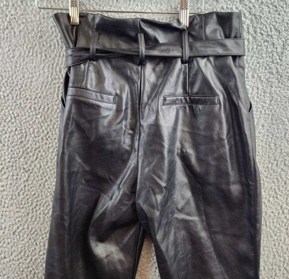 Lucy Paris Faux Leather Paperbag-Waist Pants Women's S Black Zip Fly Belt Loop