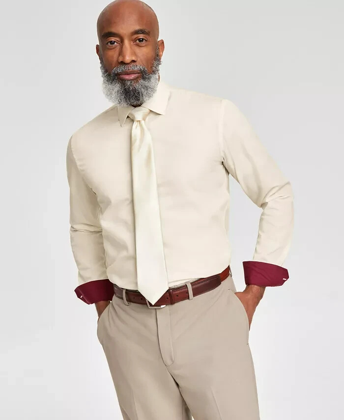 Tayion Collection Slim-Fit Creme Dress Shirt Men's M 15-15.2 34-35 Cream/Maroon