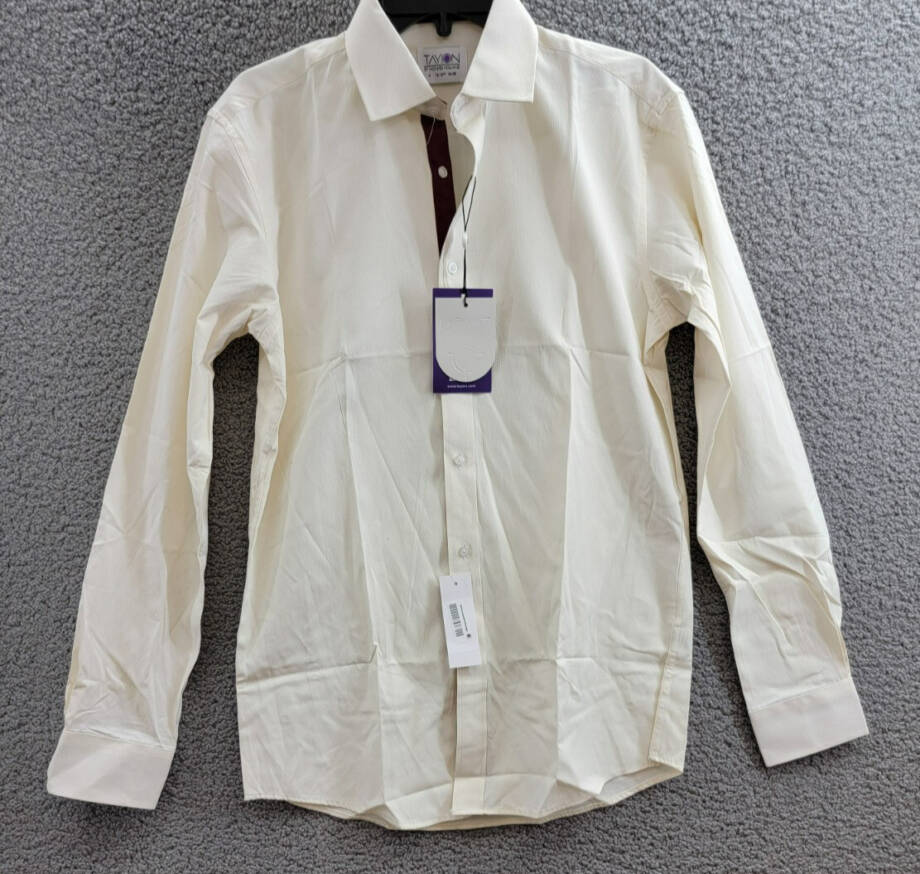 Tayion Collection Slim-Fit Creme Dress Shirt Men's M 15-15.2 34-35 Cream/Maroon