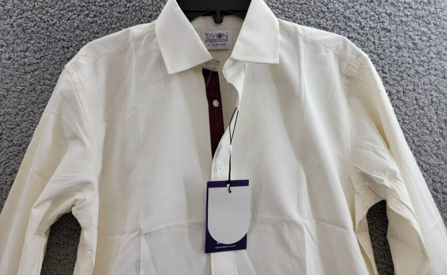Tayion Collection Slim-Fit Creme Dress Shirt Men's M 15-15.2 34-35 Cream/Maroon