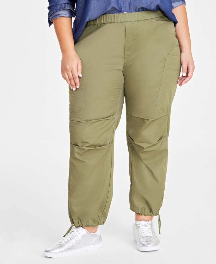 On 34th Plus Size Trendy Utility Pants Women's 1X Olivine Elastic Waist Pull-On~