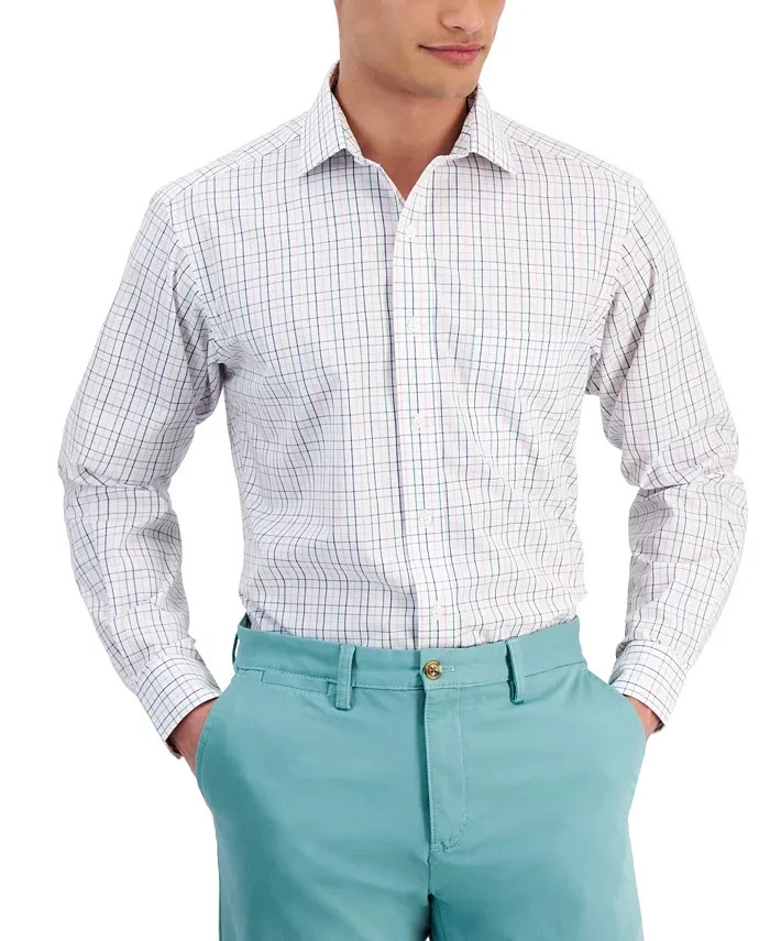 Club Room Regular Fit Letto Plaid Dress Shirt Men's 17 34/35 Green Pink Button
