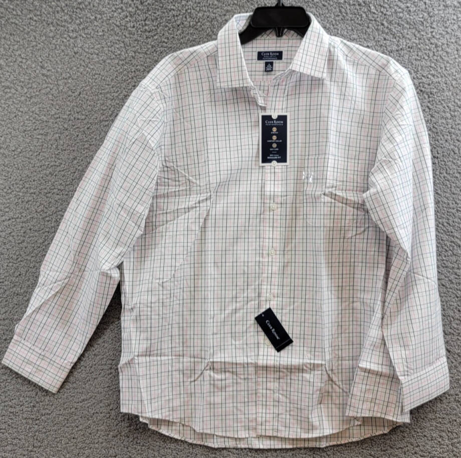 Club Room Regular Fit Letto Plaid Dress Shirt Men's 17 34/35 Green Pink Button