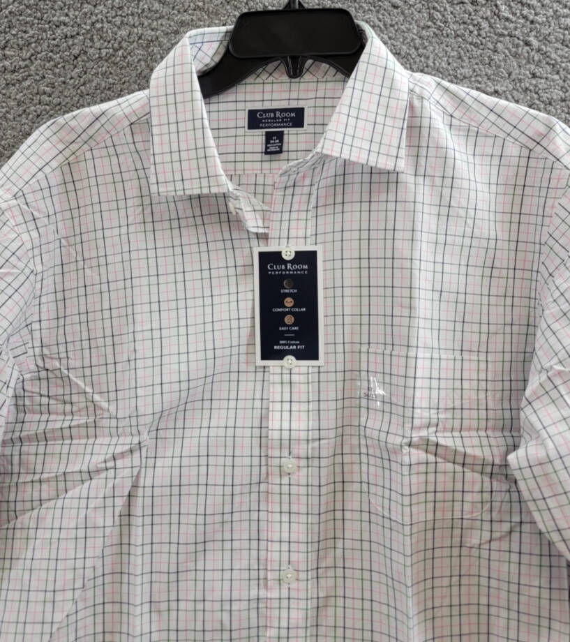 Club Room Regular Fit Letto Plaid Dress Shirt Men's 17 34/35 Green Pink Button