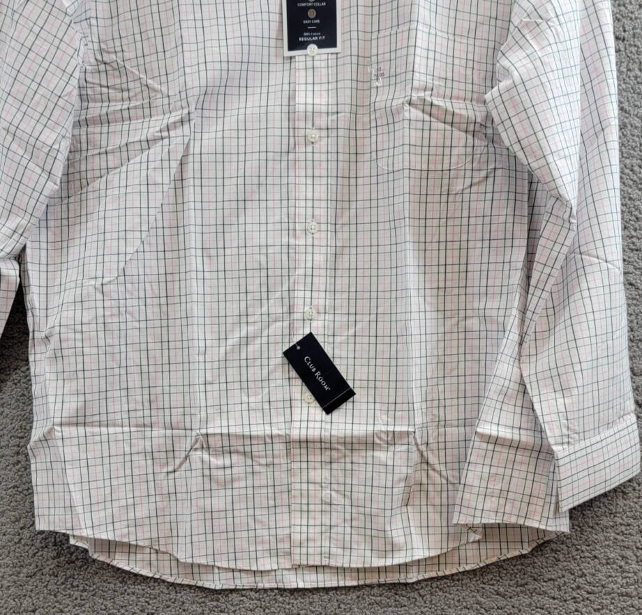 Club Room Regular Fit Letto Plaid Dress Shirt Men's 17 34/35 Green Pink Button