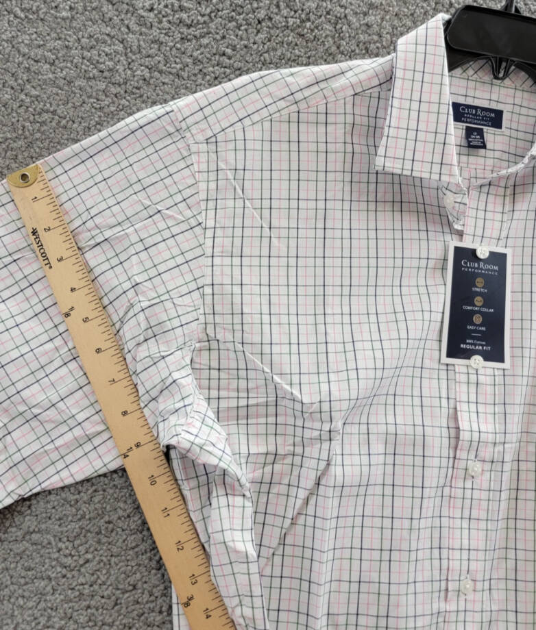 Club Room Regular Fit Letto Plaid Dress Shirt Men's 17 34/35 Green Pink Button