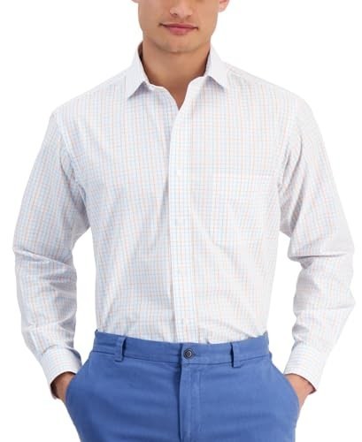 Club Room Regular Fit Performance Dress Shirt Men's 16 34-35 Orange/Aqua