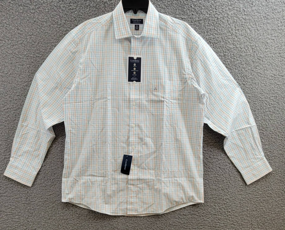 Club Room Regular Fit Performance Dress Shirt Men's 16 34-35 Orange/Aqua