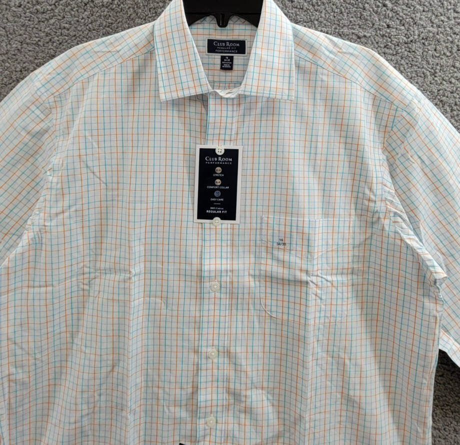 Club Room Regular Fit Performance Dress Shirt Men's 16 34-35 Orange/Aqua