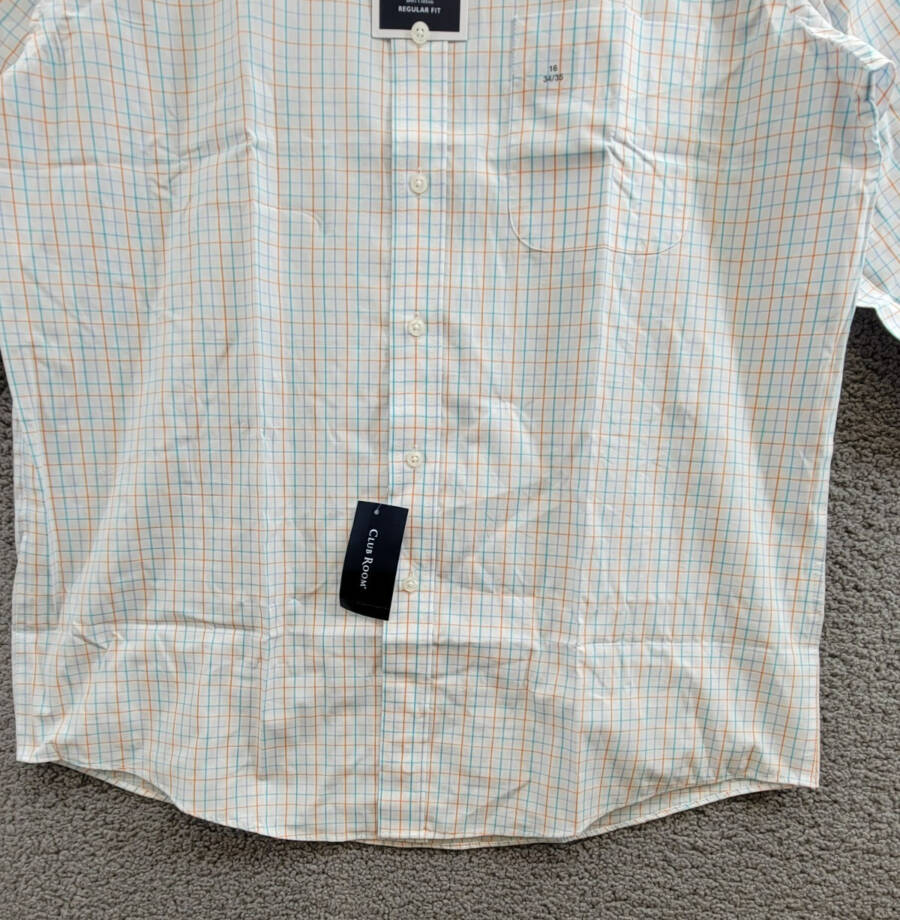 Club Room Regular Fit Performance Dress Shirt Men's 16 34-35 Orange/Aqua