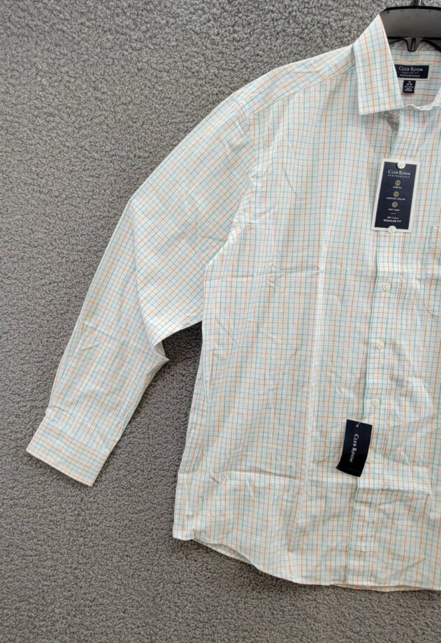 Club Room Regular Fit Performance Dress Shirt Men's 16 34-35 Orange/Aqua