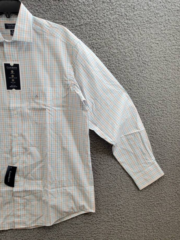 Club Room Regular Fit Performance Dress Shirt Men's 16 34-35 Orange/Aqua