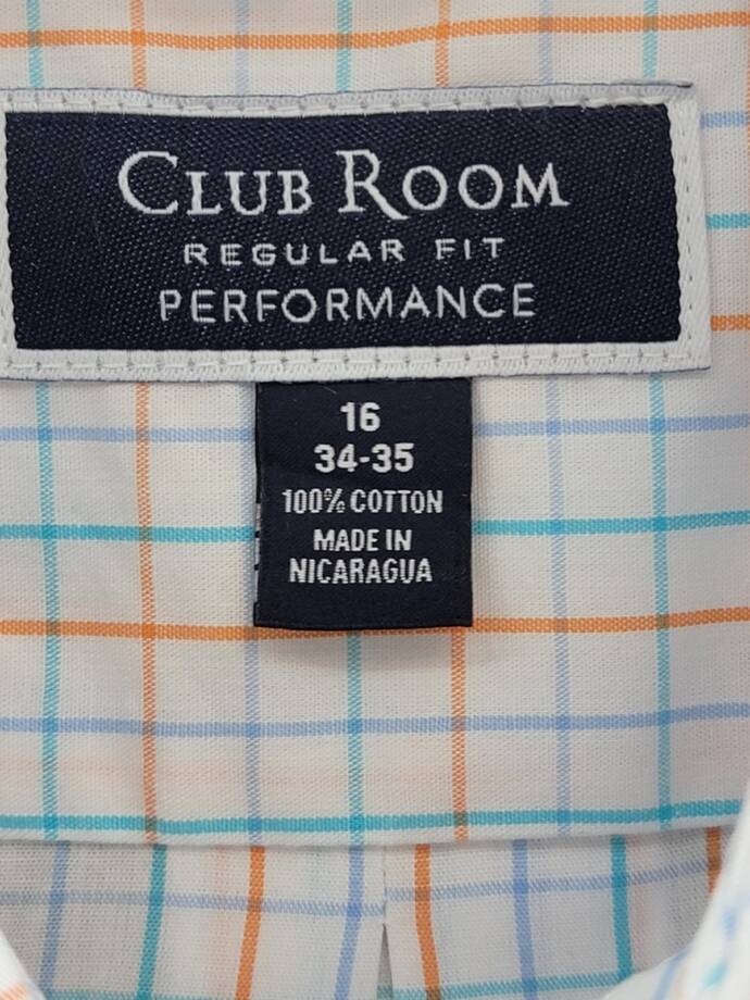Club Room Regular Fit Performance Dress Shirt Men's 16 34-35 Orange/Aqua