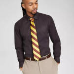 Tayion Collection Slim Fit Dress Shirt Men's XL 17-17.5 32-33 Brown & Gold L/S