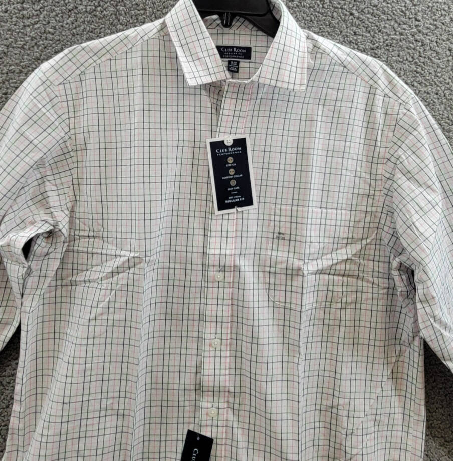 Club Room Regular Fit Letto Plaid Dress Shirt Men's 16.5 34-35 Green/Pink L/S