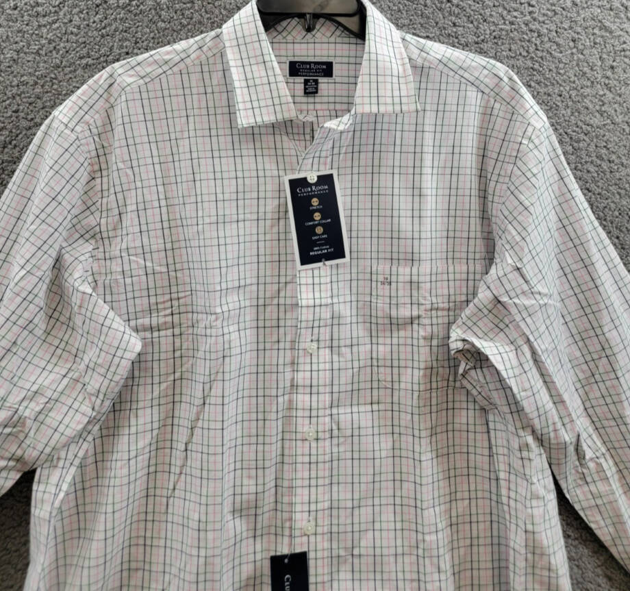 Club Room Regular Fit Letto Plaid Dress Shirt Men's 18 34-35 Green/Pink L/S