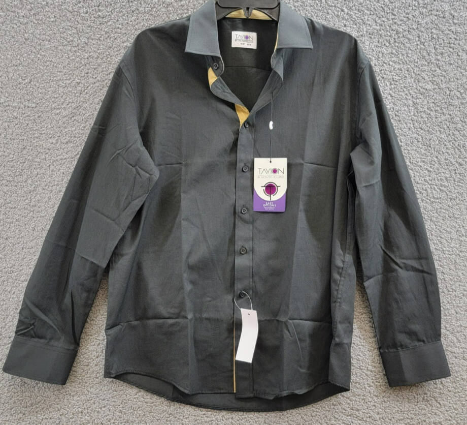 Tayion Collection Slim-Fit Gold Trim Dress Shirt Men's L 16-16.5 32-33 Black