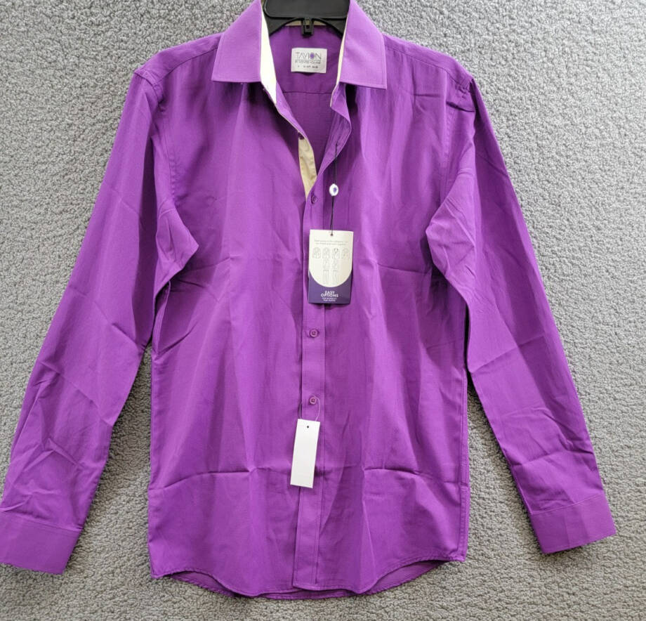 Tayion Collection Slim-Fit Gold Trim Dress Shirt Men's M 15-15.5 34-35 Purple