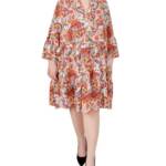 NY Collection Plus Size Long Sleeve Tiered Dress Women's 2X Multi Paisley