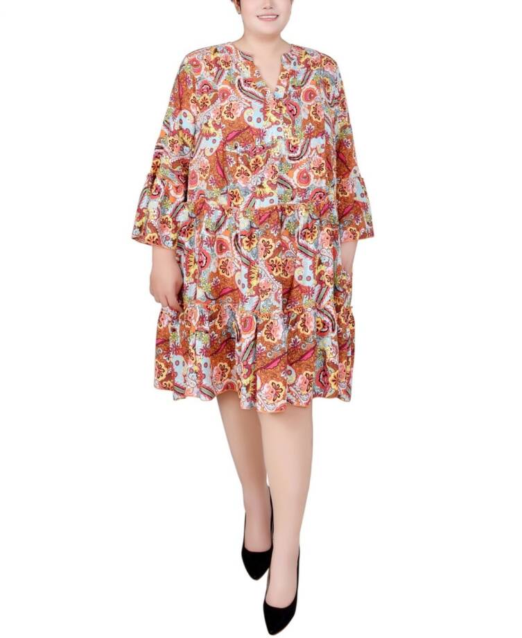 NY Collection Plus Size Long Sleeve Tiered Dress Women's 2X Multi Paisley