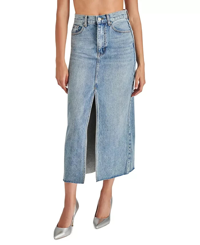 Steve Madden Avani Front-Slit Denim Maxi Skirt Women's 6 Light Blue Button Zip