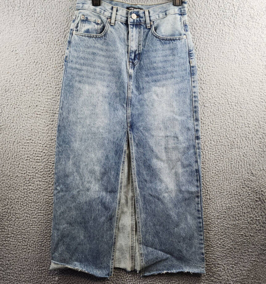 Steve Madden Avani Front-Slit Denim Maxi Skirt Women's 6 Light Blue Button Zip