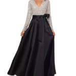 XSCAPE Petite Sequin-Bodice Long-Sleeve Ball Gown Women's 14P Black/Silver Zip