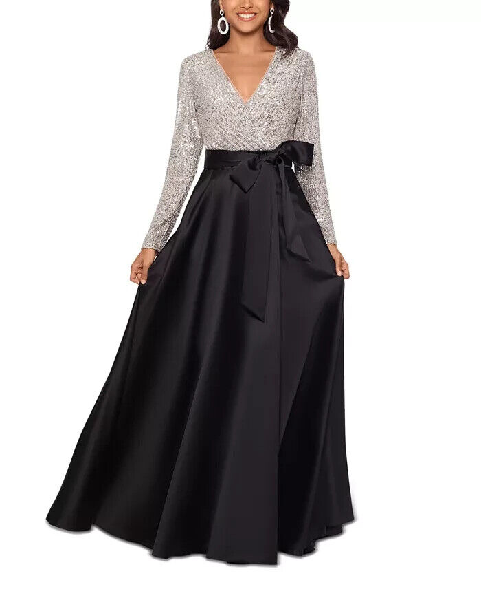 XSCAPE Petite Sequin-Bodice Long-Sleeve Ball Gown Women's 14P Black/Silver Zip